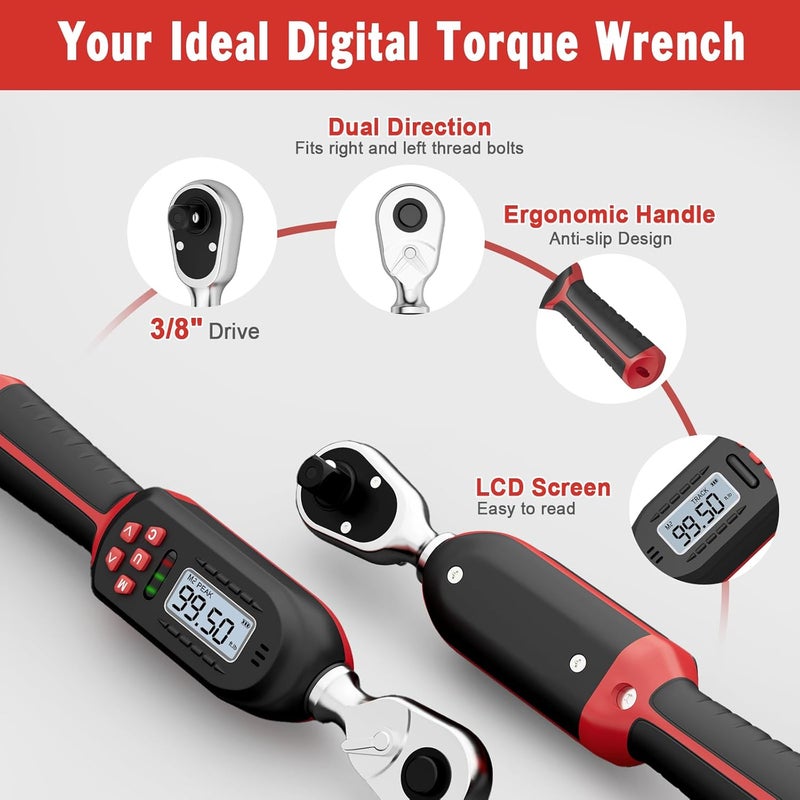 VANPO Digital Torque Wrench 3/8-Inch Drive 5-99.5 ft-lbs./6.8-135Nm, ±2% Torque Accuracy, Electronic Torque Wrench with Preset Value, Buzzer and LED Notification for Automotive Motorcycle & Bicycle - Image 5